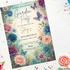 May include: A floral garden party invitation with the text "Please join us for a Garden Party in celebration of Stacy's 20th Birthday". The invitation features watercolor roses, butterflies, and a pastel color scheme.