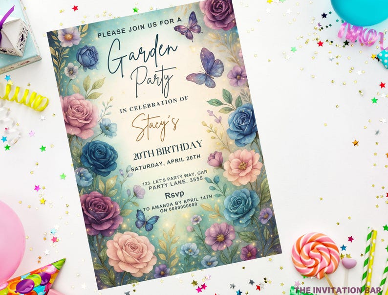 May include: A floral garden party invitation with the text "Please join us for a Garden Party in celebration of Stacy's 20th Birthday". The invitation features watercolor roses, butterflies, and a pastel color scheme.