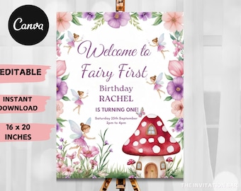 Fairy 1st Birthday Welcome Sign: Enchanted Forest Party Decor (Digital EDITABLE 16x20 inches)