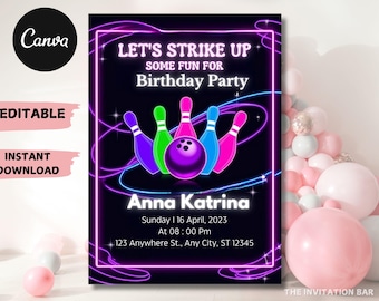 Glow Bowling Birthday Invitation: Neon Party, Editable Canva (PDF or JPEG)