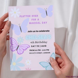 May include: A light pink invitation card with butterfly and flower illustrations. The card reads "Flutter Over For A Magical Day" and invites guests to Chelsea's 4th birthday party on August 15th.