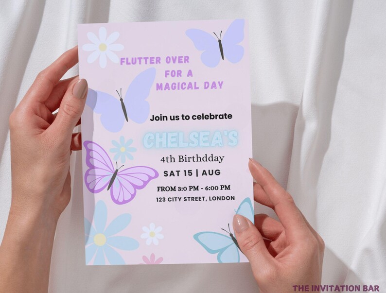 May include: A light pink invitation card with butterfly and flower illustrations. The card reads "Flutter Over For A Magical Day" and invites guests to Chelsea's 4th birthday party on August 15th.