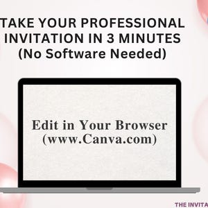 Op de afbeelding: Een laptop toont de tekst "TAKE YOUR PROFESSIONAL INVITATION IN 3 MINUTES (No Software Needed)" en "Edit in Your Browser (www.Canva.com)". Roze ballonnen en een Canva-logo staan op de achtergrond. Het logo van The Invitation Bar staat onderaan.