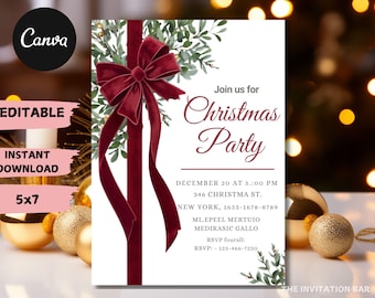 Elegant Christmas Party Invitation Template | Greenery Bow (Digital Download)