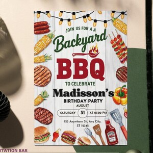May include: A colorful invitation for a backyard BBQ birthday party. The invitation features a red and white striped background with a wooden plank texture. The text reads "Join us for a Backyard BBQ to celebrate Madisson's Birthday Party" with the date and time of the party. The invitation is decorated with images of corn on the cob, grilled meat, and other BBQ-themed items.