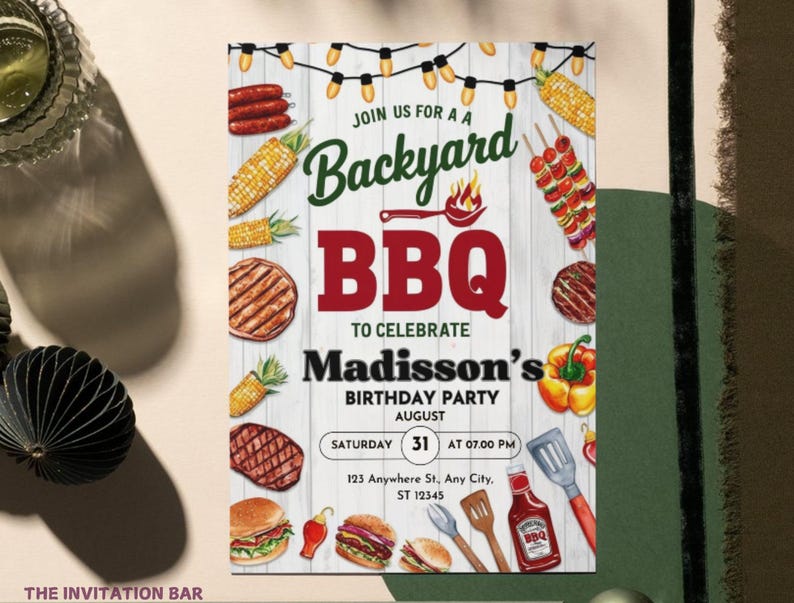 May include: A colorful invitation for a backyard BBQ birthday party. The invitation features a red and white striped background with a wooden plank texture. The text reads "Join us for a Backyard BBQ to celebrate Madisson's Birthday Party" with the date and time of the party. The invitation is decorated with images of corn on the cob, grilled meat, and other BBQ-themed items.