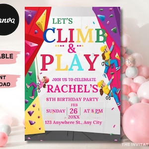 Invitación de cumpleaños editable para escalada en roca Invitación a fiesta de escalada en interiores Vamos a escalar y jugar Fiesta de aventuras para niños Descarga instantánea Escalada en roca