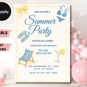 Convite para festa de verão na piscina ou na praia | Modelo moderno e editável do Canva para meninas ou adultos | Convite digital limpo para festa de verão