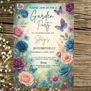 May include: A floral invitation for a garden party, featuring watercolor roses in shades of pink, blue, and purple, with butterflies. The invitation text reads "Garden Party" and announces a 20th birthday celebration for Stacy.