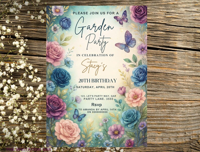 May include: A floral invitation for a garden party, featuring watercolor roses in shades of pink, blue, and purple, with butterflies. The invitation text reads "Garden Party" and announces a 20th birthday celebration for Stacy.