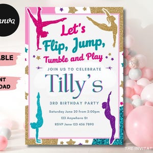 Gymnastics Birthday Invitation Template: Editable Gymnast Party Invite (Digital Download)