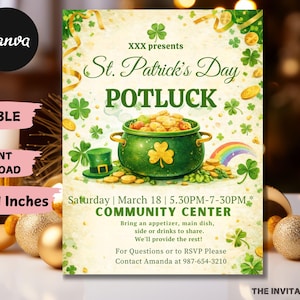 May include: A St. Patrick's Day Potluck invitation with a green pot of gold, a rainbow, and shamrocks. The invitation includes the text "St. Patrick's Day Potluck" and event details. The invitation is 8.5x11 inches.