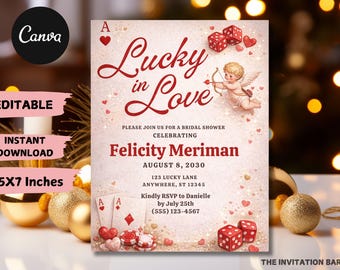 Lucky in Love Bridal Shower Invitation, Cupid Valentine Theme (Canva Template)