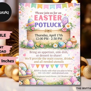 Op de afbeelding: Uitnodiging voor een paas-potluck met kleurrijke paaseieren, bloemen en een houten bord. De uitnodiging bevat de tekst "Easter Potluck" en evenementdetails. Digitale download, 21,59 cm x 27,94 cm.