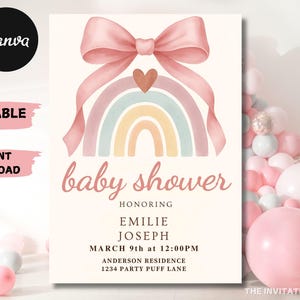 Blush Pink Bow Baby Shower Invitation Editable Elegant Watercolor Coquette Bow Invitation Pink Girl Baby Shower Invite Pink Ribbon Canva