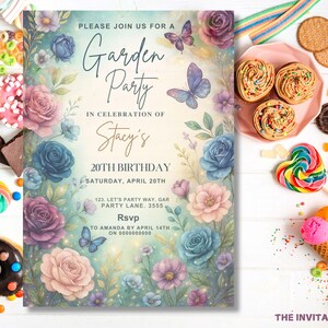 May include: A floral invitation for a garden party, featuring watercolor roses in shades of blue, pink, and purple, with butterflies. The text reads "Garden Party" and announces a 20th birthday celebration. Sweets and treats surround the invitation.
