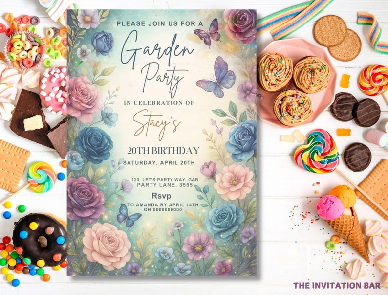 May include: A floral invitation for a garden party, featuring watercolor roses in shades of blue, pink, and purple, with butterflies. The text reads "Garden Party" and announces a 20th birthday celebration. Sweets and treats surround the invitation.