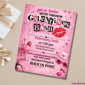 May include: A pink Galentine's Bash invitation with text, hearts, and lipstick graphics. The invitation includes details for a February 14th party, a cocktail illustration, and heart-shaped sunglasses. The invitation is surrounded by a gift box and decorative elements.