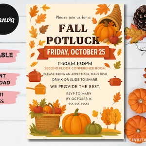 Fall Potluck Flyer Template, Editable Printable (Canva)