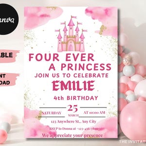 Princess 4th Birthday Invitation: Castle Party, Editable Text (Digital Download)