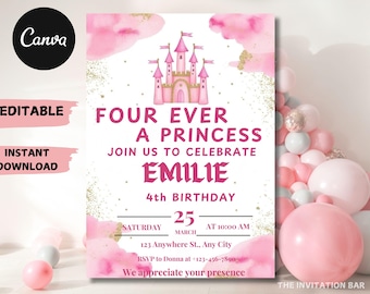 Princess 4th Birthday Invitation: Castle Party, Editable Text (Digital Download)