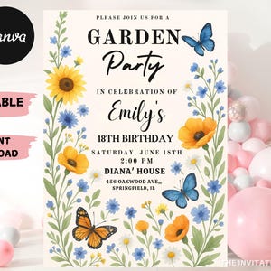 Wildflower Birthday Invitation Garden Party Invite Girl 16th 18th 21st Birthday Floral Spring Flowers Butterfly Editable Canva Template