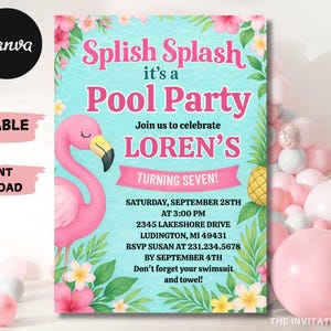 Pink Flamingo Pool Party Invitation: Girl&#39;s Summer Birthday (Digital Download)