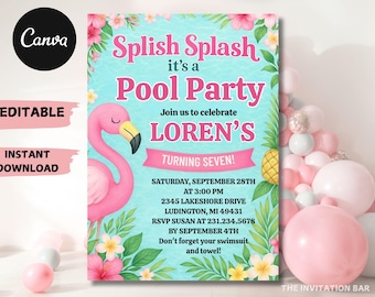 Pink Flamingo Pool Party Invitation: Girl's Summer Birthday (Digital Download)