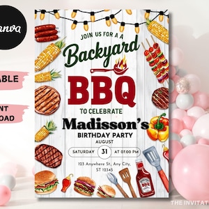 Backyard BBQ Party Invitation, BBQ Birthday Invitation, Barbecue Birthday Party Invitation, Editable Template Canva