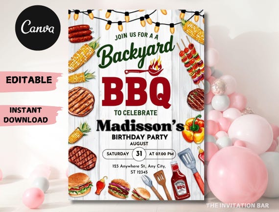 Backyard BBQ Birthday Invitation: Editable Canva Template (Digital Download)