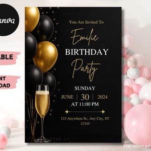 Digital Birthday Dinner Invitation Template, Black Tie Glam Invite, Animated Black Golden Diamond Evite For Men & Women, Self Editable eCard