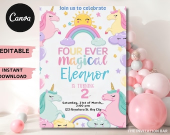 Unicorn Birthday Invitation: Editable Rainbow Party Template (Digital Download)
