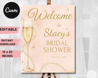 Mall för välkomstskylt till bruddusch med pärlor och Prosecco (16x20" utskrivbar digital nedladdning)
