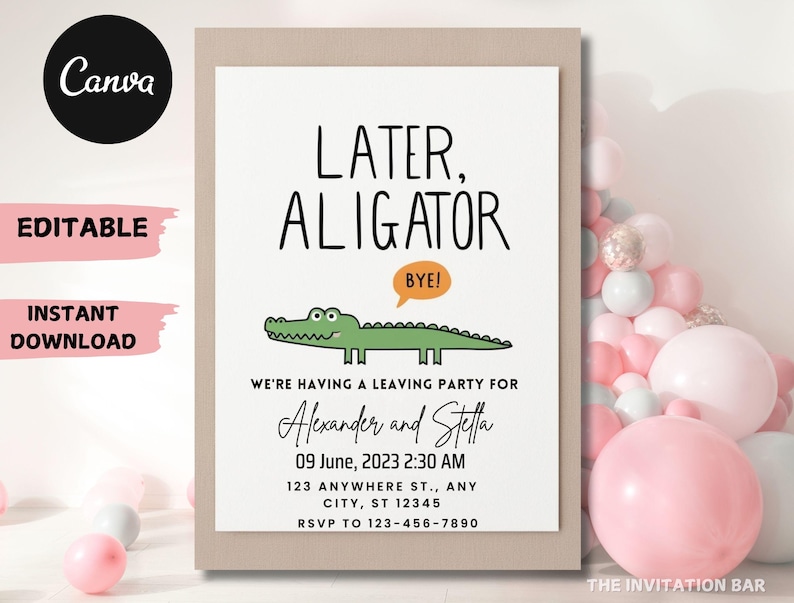 Op de afbeelding: Een lichtbeige uitnodigingskaart met de tekst "Later, Alligator" en een cartoon alligator illustratie. De kaart bevat feestdetails: datum, tijd, locatie en RSVP-informatie. De woorden "Editable" en "Instant Download" zijn ook zichtbaar.