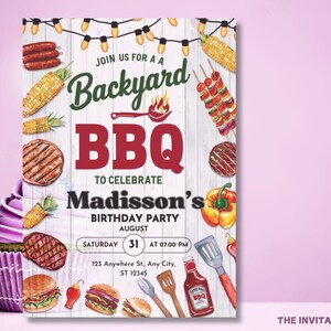 May include: A colorful invitation for a backyard BBQ to celebrate Madisson's birthday party. The invitation features a white wooden background with illustrations of grilled food, corn on the cob, and a string of lights. The text on the invitation reads "Join us for a Backyard BBQ to celebrate Madisson's Birthday Party. Saturday, August 31 at 07:00 PM. 123 Anywhere St, Any City, ST 12345."