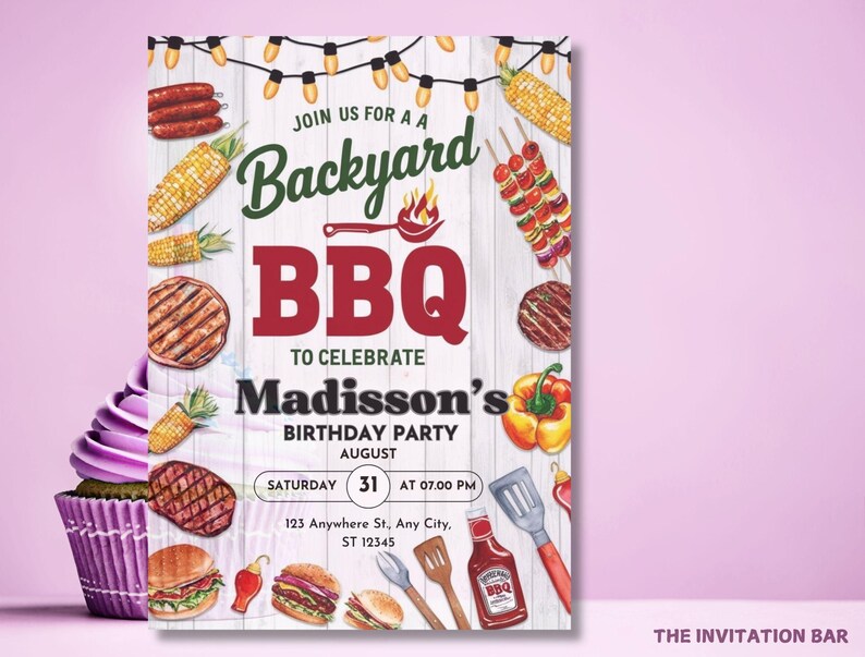 May include: A colorful invitation for a backyard BBQ to celebrate Madisson's birthday party. The invitation features a white wooden background with illustrations of grilled food, corn on the cob, and a string of lights. The text on the invitation reads "Join us for a Backyard BBQ to celebrate Madisson's Birthday Party. Saturday, August 31 at 07:00 PM. 123 Anywhere St, Any City, ST 12345."