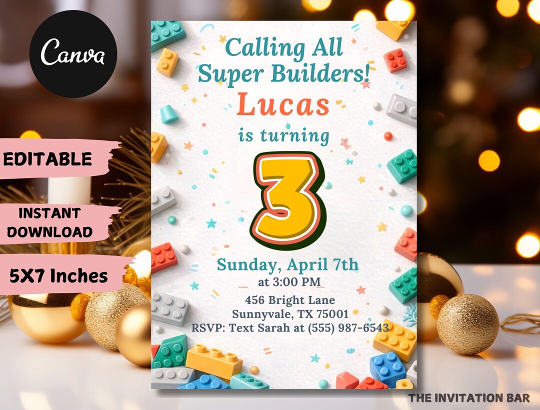 Building Blocks Birthday Invitation, Blocks Invitation, Construction ...