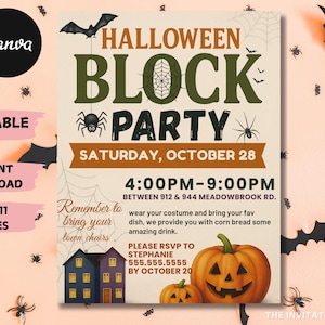 Może przedstawiać: Zaproszenie na Halloween Block Party z grafiką dyni. Zaproszenie zawiera tekst "Halloween Block Party" oraz szczegóły wydarzenia. Zaproszenie ma wymiary 21,59 x 27,94 cm.