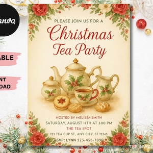 Può includere: Invito in stile vintage per un Christmas Tea Party. Il design presenta una teiera, una tazza, una zuccheriera e biscotti. L'invito include dettagli dell'evento e decorazioni floreali.