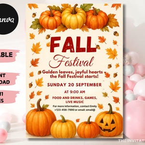 May include: A fall festival invitation with pumpkins, leaves, and the text "FALL Festival." The invitation is 8.5 x 11 inches and includes event details such as the date, time, and activities.