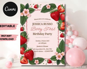 Berry First Birthday Invitation: Strawberry Girl, Editable Template (PDF)