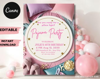 Convite de aniversário para festa do pijama: festa do pijama retrô, modelo editável (download instantâneo)