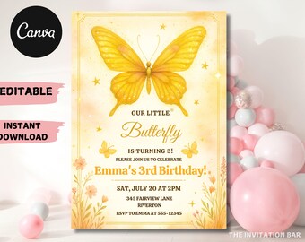Invitación de cumpleaños con mariposa dorada: Fiesta de hadas florales (Descarga digital, 5x7")