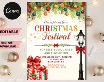 May include: A festive Christmas Festival invitation with a watercolor design. The invitation features the text "CHRISTMAS Festival" in a decorative font, along with event details and gift illustrations. The design includes Christmas ornaments and greenery.