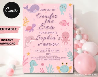 Oneder the Sea Birthday Invitation: Ocean Animals, Girl 1st Birthday (Editable Template, Digital Download