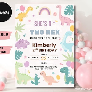 May include: A vibrant dinosaur-themed invitation for a second birthday, featuring the text "She's a Two Rex". The invitation includes the name "Kimberly", date, time, and RSVP details. The design incorporates a rainbow, balloons, and palm tree illustrations.