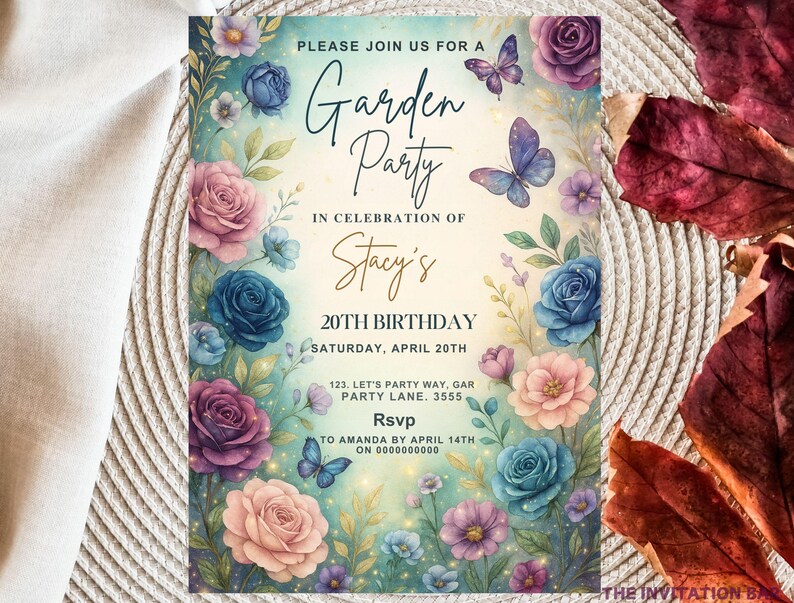 May include: A floral garden party invitation with watercolor roses, butterflies, and text. The invitation is for Stacy's 20th birthday, scheduled for Saturday, April 20th. The design features blue, pink, and purple flowers.