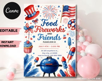 4th of July BBQ Invitation, Fireworks & Friends, Editable Canva (Digital Download)