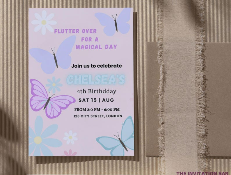 May include: A lilac-colored invitation card with butterfly and flower illustrations. The text reads "Flutter over for a magical day" and announces a 4th birthday party for Chelsea on August 15th, from 3:00 PM to 6:00 PM in London.
