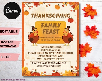 May include: Thanksgiving Family Feast invitation with turkey illustrations, pumpkins, and fall leaves. The invitation includes event details such as date, time, and location. The invitation is 8.5x11 inches.